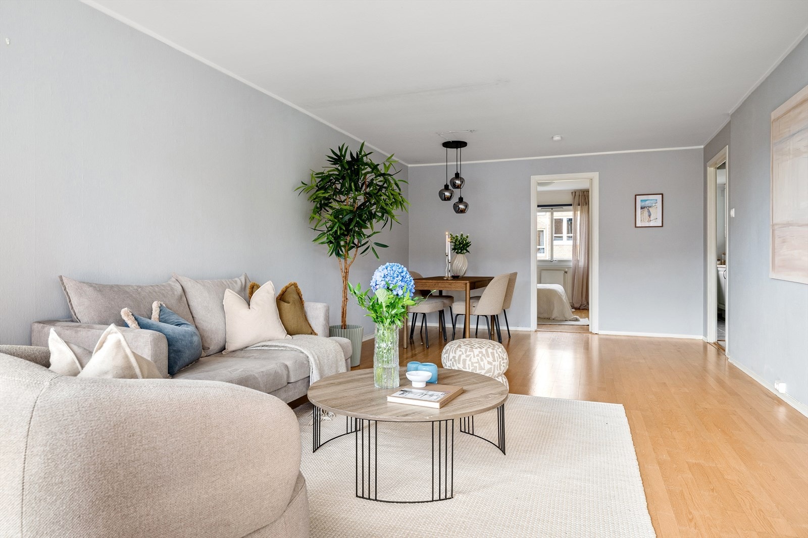 Her er det god plass for både sofa- og spisegruppe Galleribilde