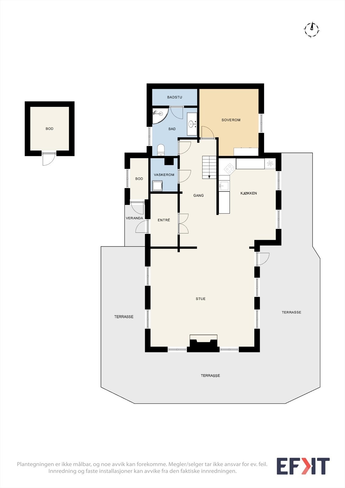 Hovedplan med åpen stue- og kjøkkenløsning, soverom, bad og badstue. Galleribilde