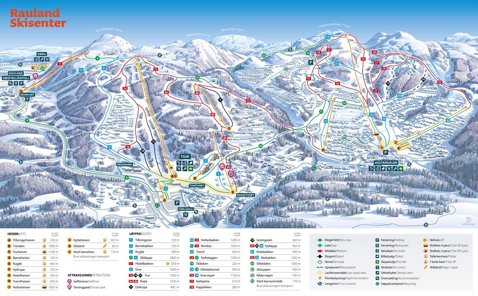 Løypekart for Rauland Skisenter, som viser et variert tilbud av nedfarter. Galleribilde