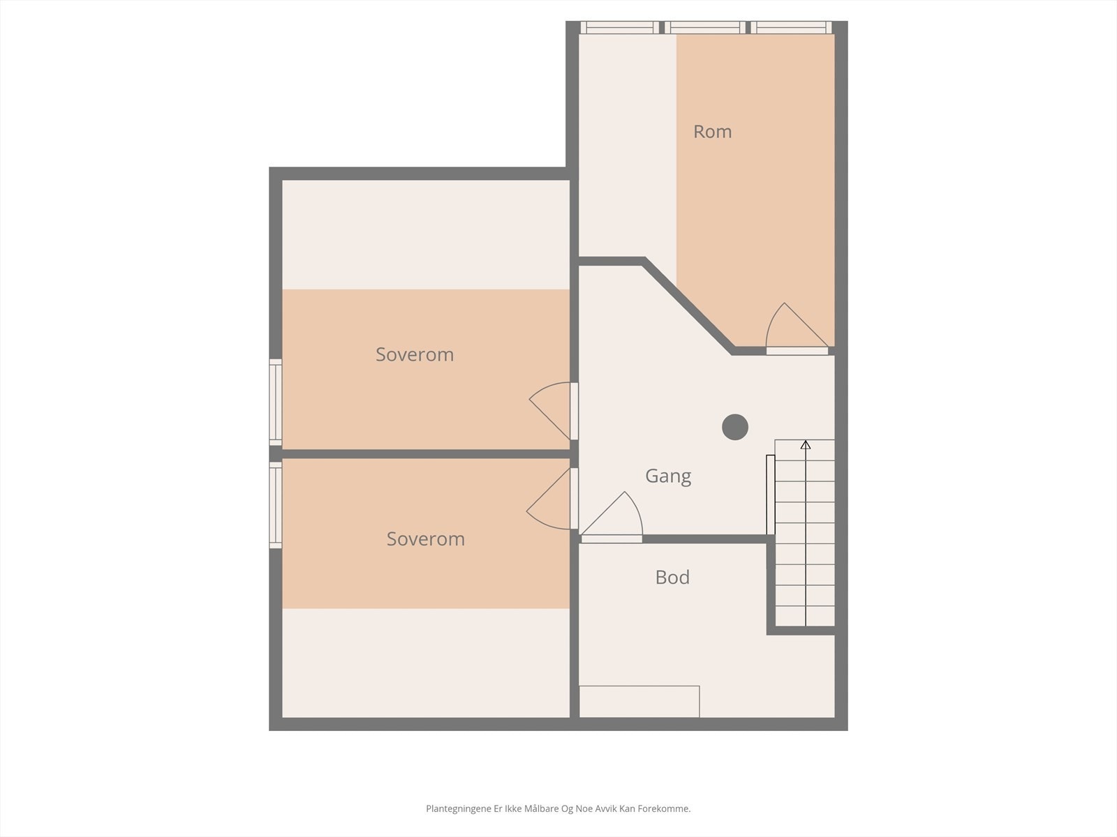 Plantegning loft. Her finner vi 3 rom som er innredet til soverom. Disse er ikke godkjent for varig opphold pga. lav takhøyde og manglende krav til rømningsvei. Galleribilde
