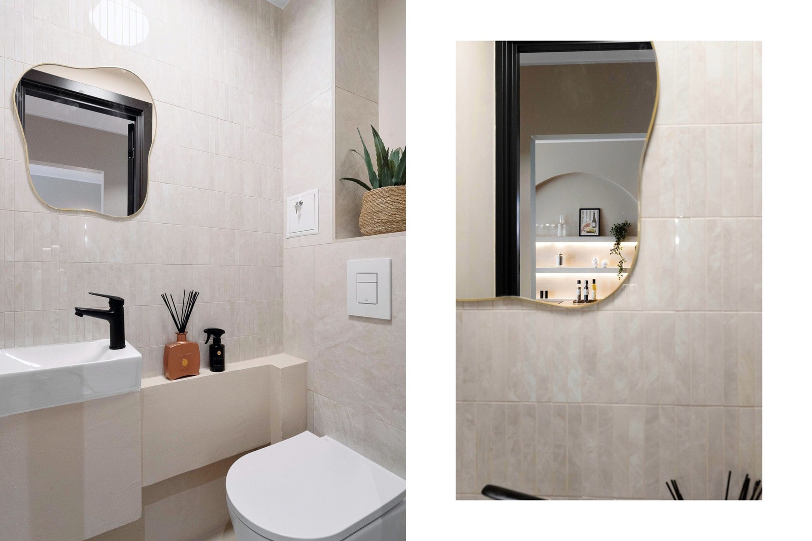 Separat wc ved entré. Oppgradert med eksklusiv fingermosaikk i samme utførelse som benkeplate på kjøkken samt storformatfliser og mikrosement i 2026. Alt av innredning og sanitærutstyr helt nytt. Galleribilde