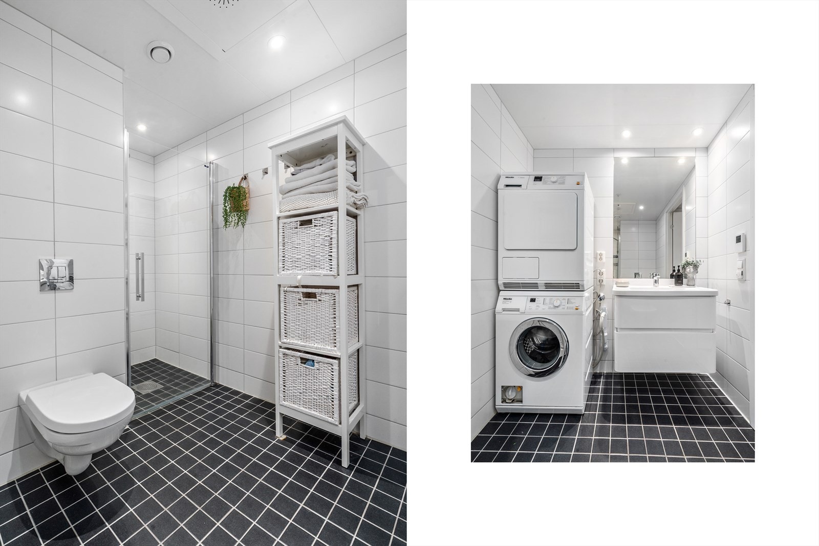 Badet fremstår som delikat og stilrent med flislagte overflater og elektrisk gulvvarme for økt komfort. Galleribilde