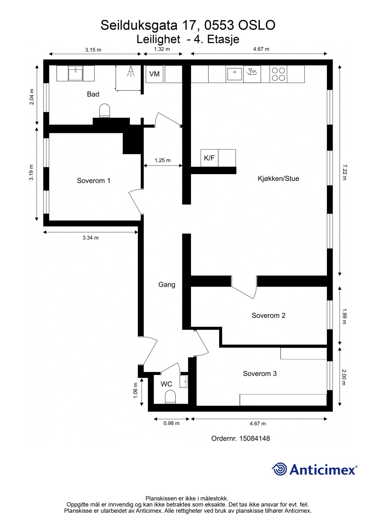 Plantegning 4. etasje. I tillegg disponerer leiligheten en loftsbod med gulvareal på ca. 7m². Galleribilde
