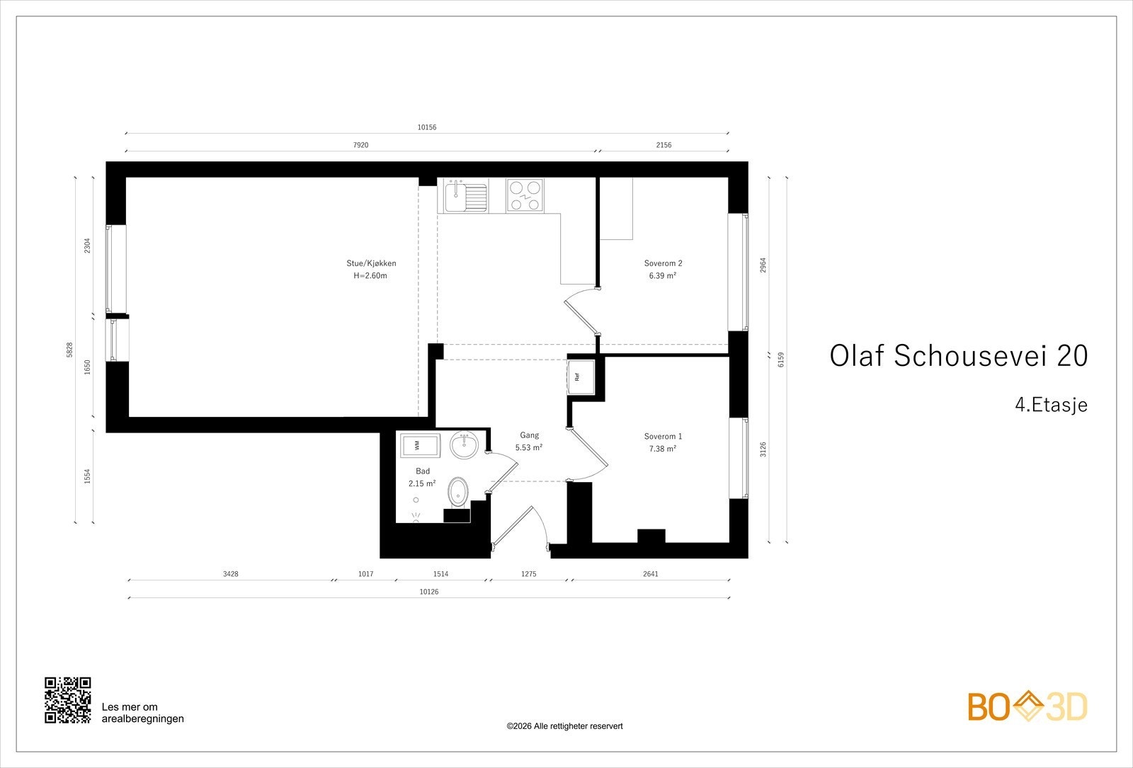 Alternativ planløsning hvor soverom nr. 3 er fjernet slik at man får en stor stue/kjøkken løsning. Galleribilde