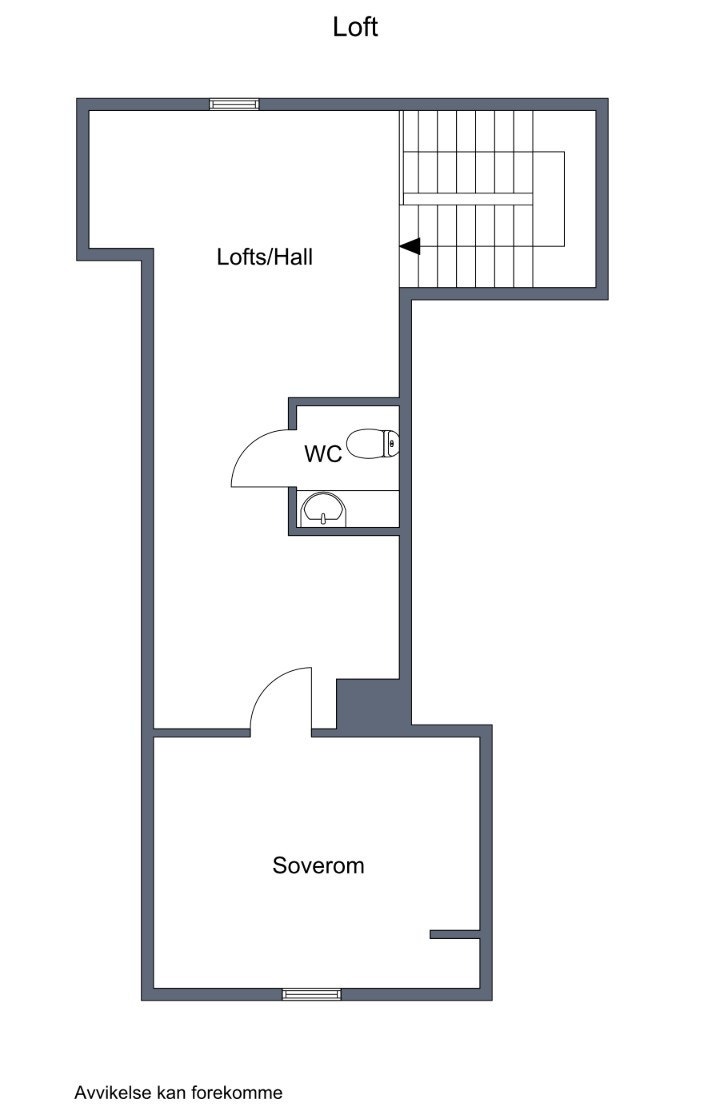Planløsning loft. (Innredning av loft er ikke omsøkt og godkjent. Det vises til punktet i salgsoppgaveteksten Ferdigattest / brukstillatelse for informasjon om lovlighetsforhold.) Galleribilde