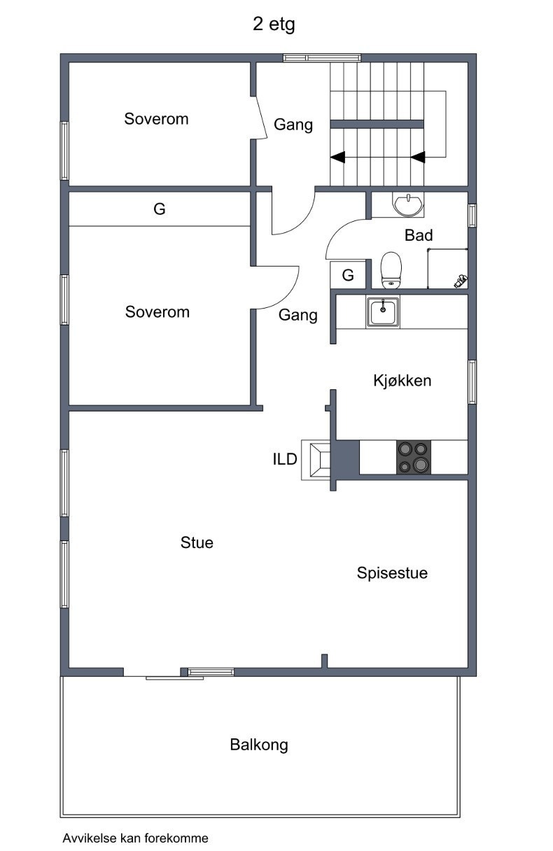 Planløsning over dagens bruk av 2. etg. (Samsvarer ikke med siste godkjente tegninger. Det vises til punktet Ferdigattest / brukstillatelse i salgsoppgaveteksten) Galleribilde