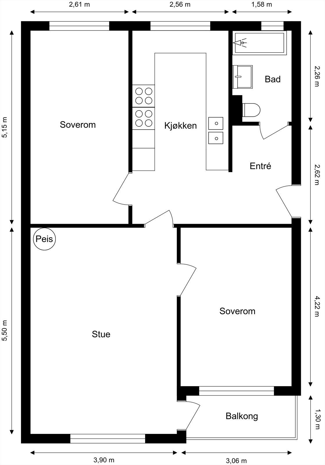 Plantegning. I tillegg disponerer leiligheten kjellerbod på ca. 6 kvm og en loftsbod på ca. 4 kvm (gulvareal ca. 9 kvm). Galleribilde