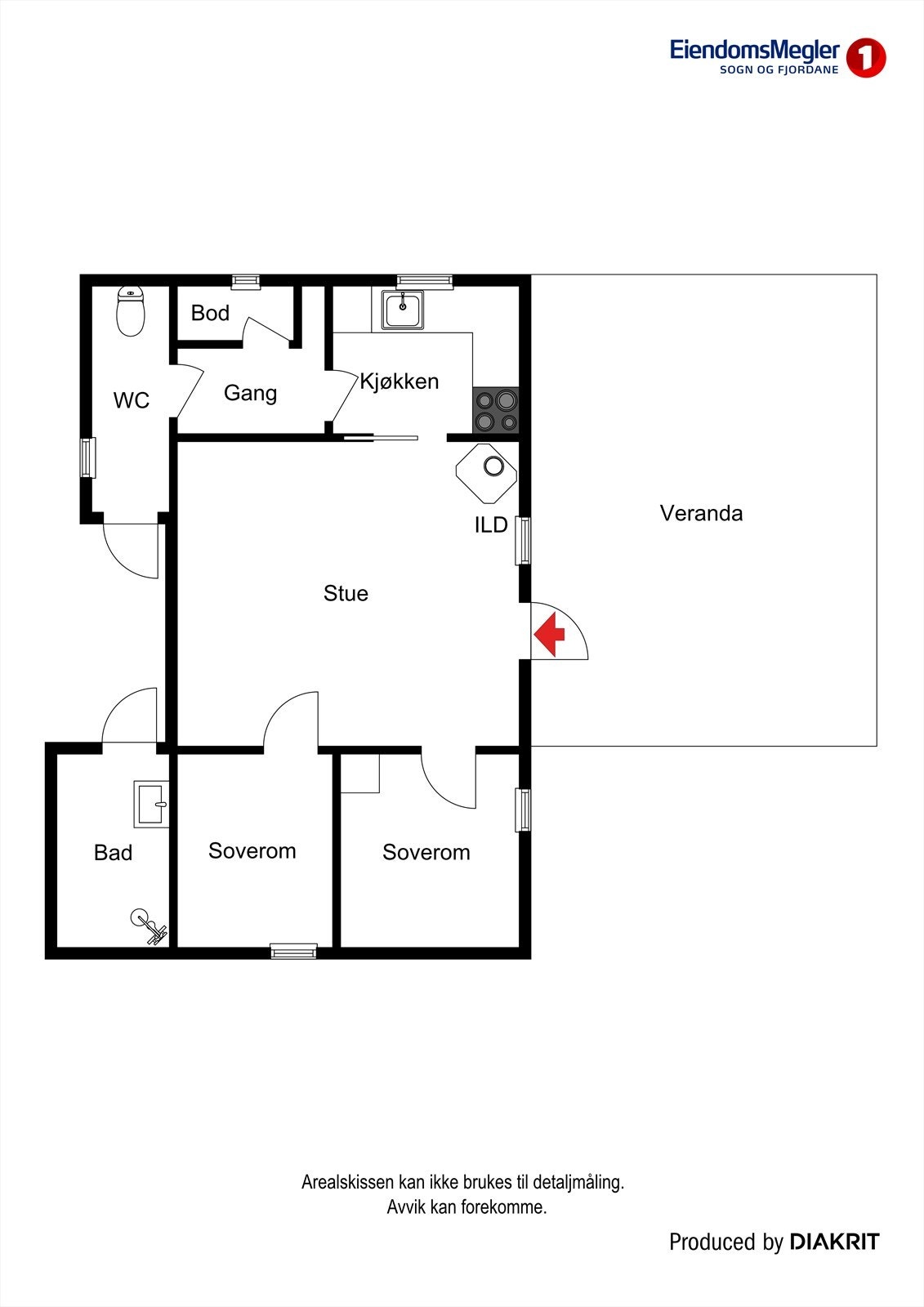 Fritidsbustaden har ei praktisk planløysing over eitt plan med stove, kjøkken og to soverom. Galleribilde