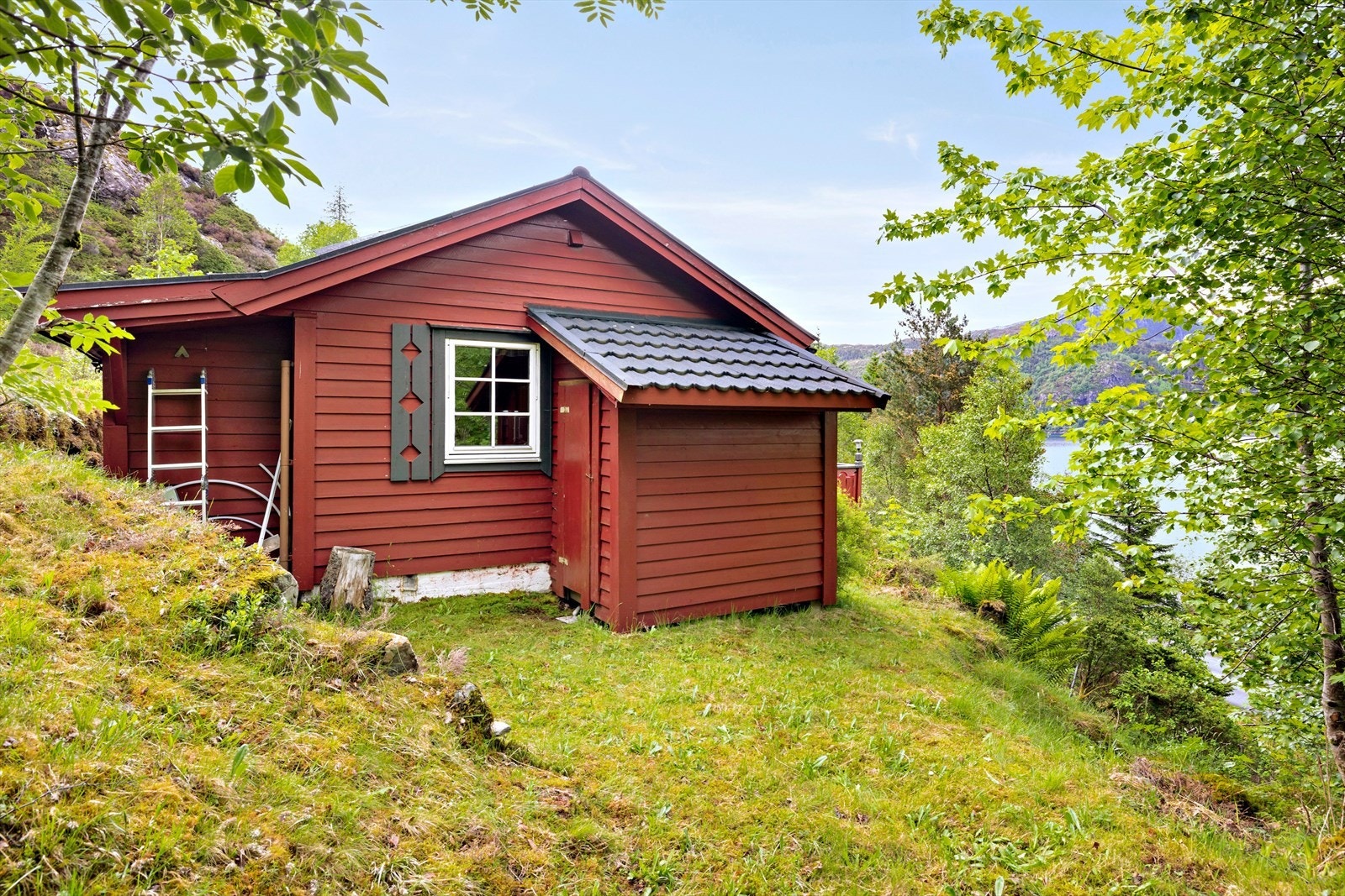 Fasaden har liggjande trekledning. Her ser ein også uteboda. Galleribilde