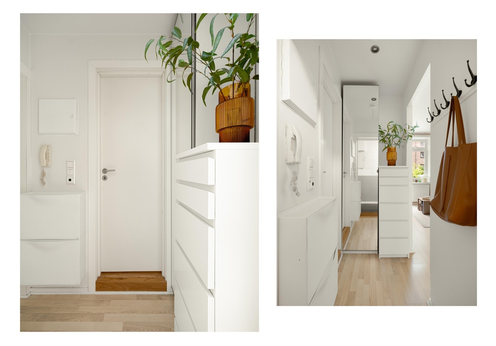 Entréen har lagring til både sko og yttertøy, og herfra finner du også badet. Galleribilde