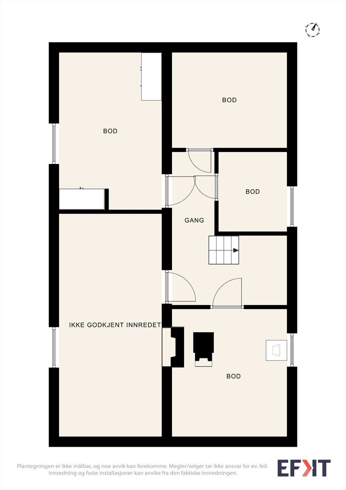 Kjellerplan med innredet stue, boder og teknisk rom/vaskekjeller. Galleribilde