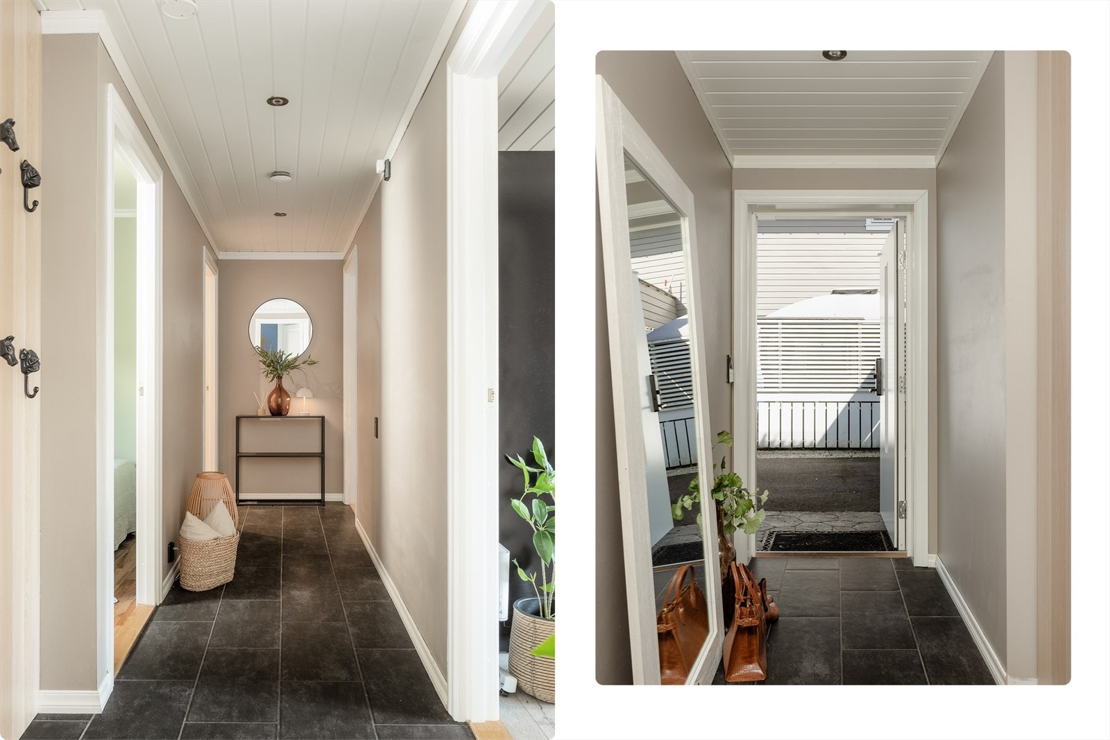 Velkommen inn i en romslig entré med gode oppbevaringsmuligheter i skap. Gangen har flislagt gulv, mens døren med glassfelt slipper lyset gjennom på morgenkvisten. Galleribilde