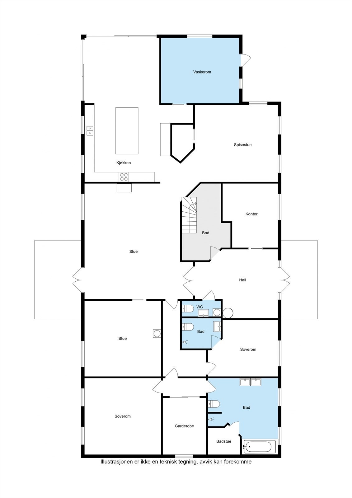 Plantegning 1. etasje, totalt 300 kvm. Galleribilde