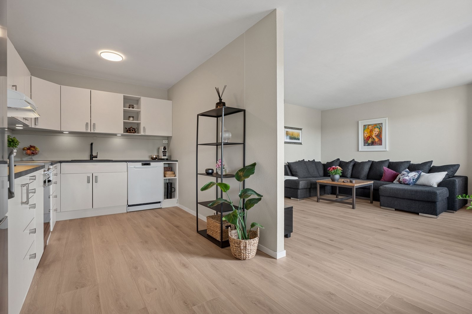 Boligen har en god planløsning med naturlige soner. Galleribilde