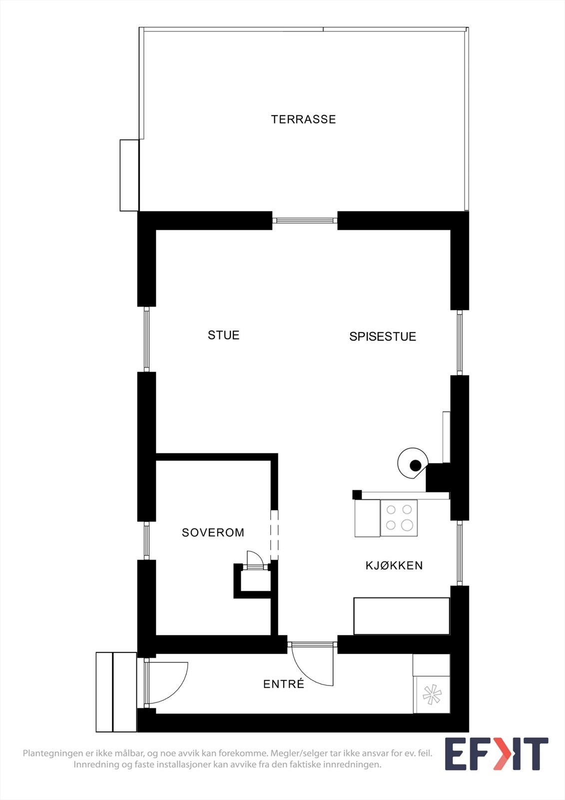 Fritidsboligen har en arealeffektiv planløsning over ett plan, med stue, kjøkken og soverom. Galleribilde