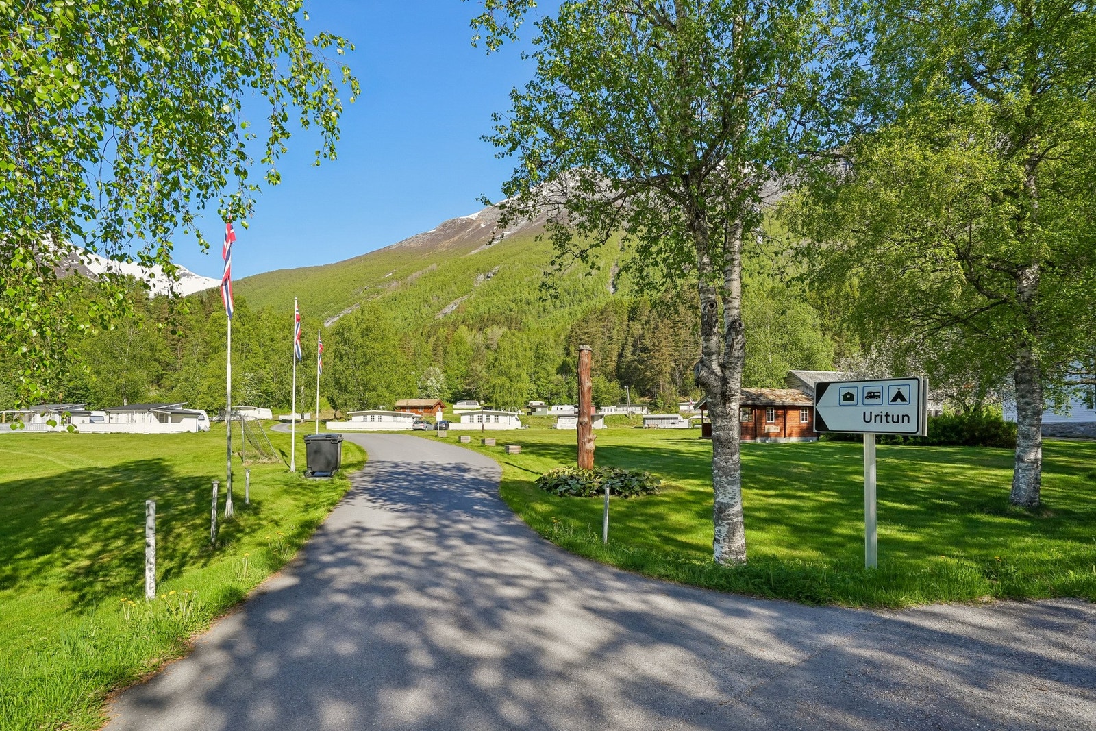 Innkjørsel til Uritun campingplass med fine grøntområder, trær som allé og flaggstenger. Galleribilde