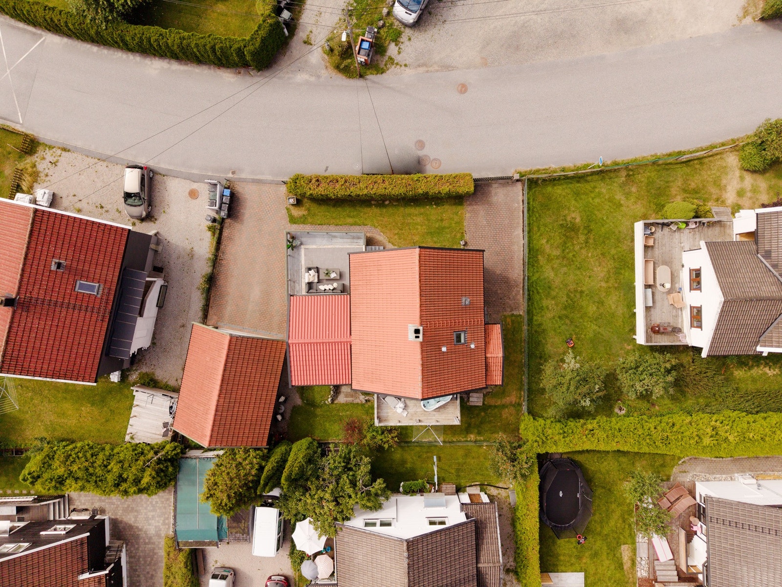 Dronefoto som viser eiendommen og tomten. Galleribilde