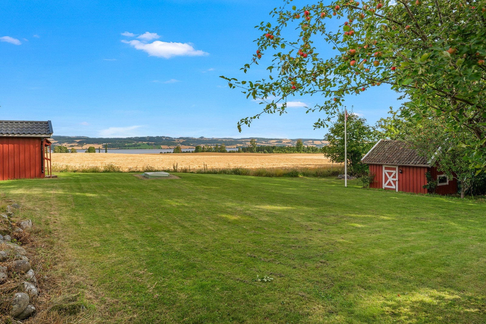 De romslige utearealene gir god plass til både lek, rekreasjon og hyggelige sommerdager. Epletreet, de røde uthusene og utsynet over åkrene understreker den idylliske, landlige rammen rundt eiendommen. Galleribilde