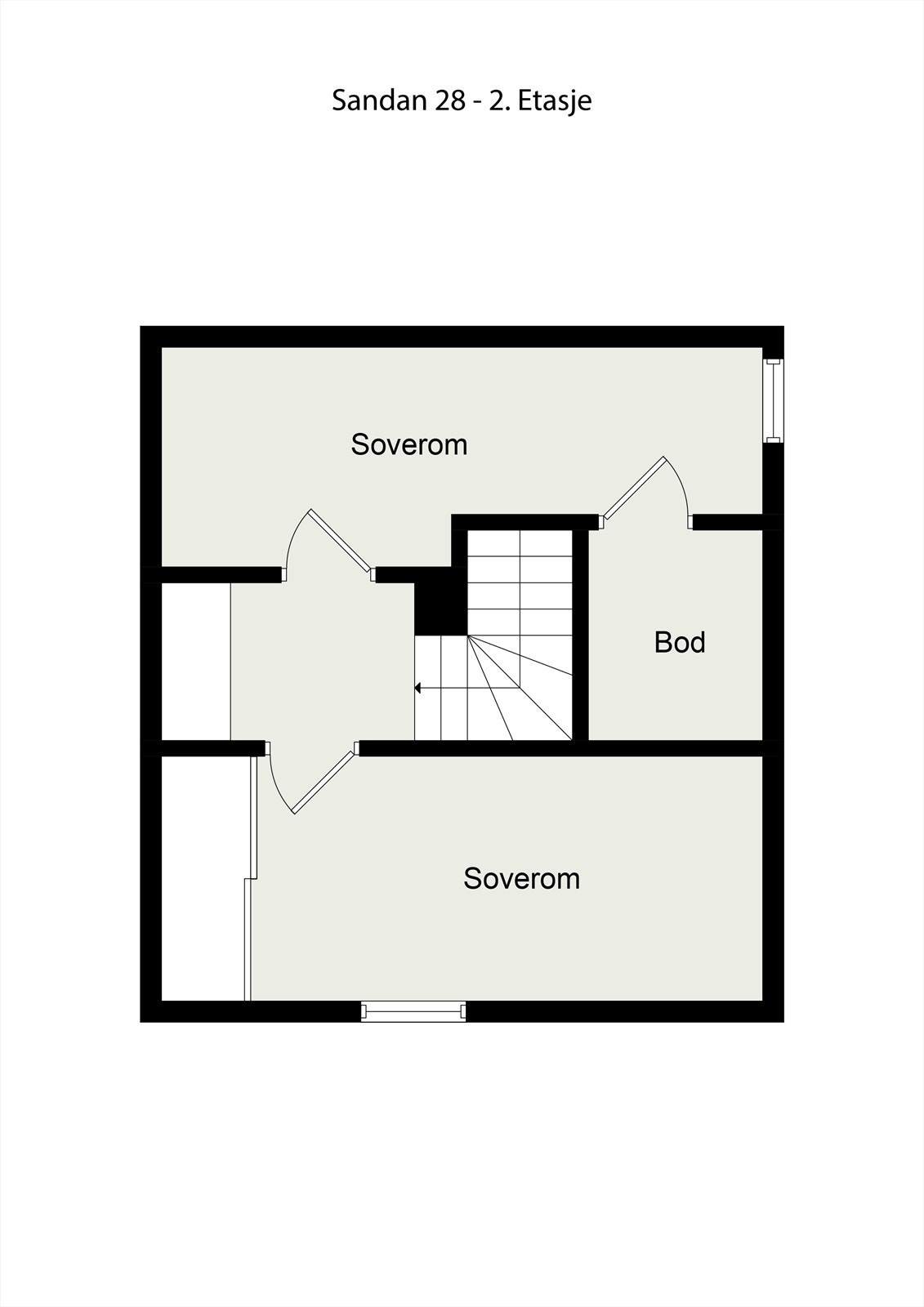 Plantegning for 2. etasje som viser to soverom og bod. Galleribilde
