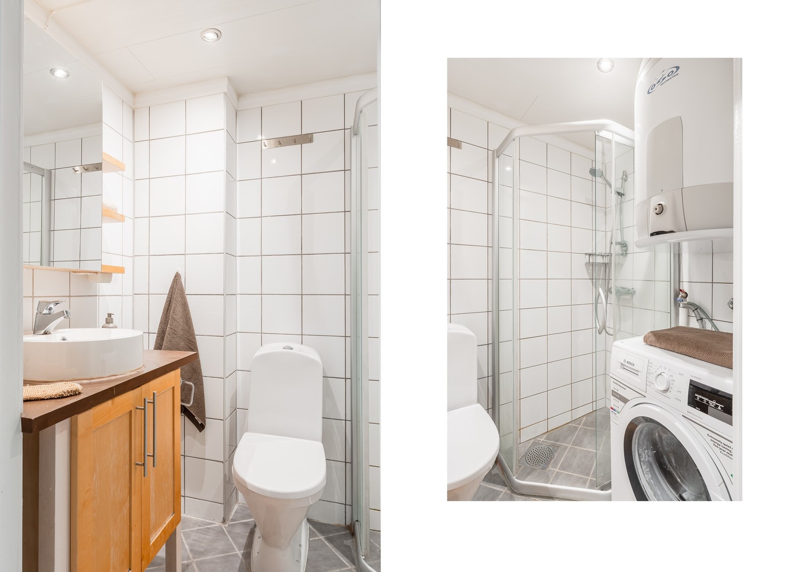 Badet er innredet med toalett, servant med innredning, dusjhjørne og opplegg for vaskemaskin. Galleribilde