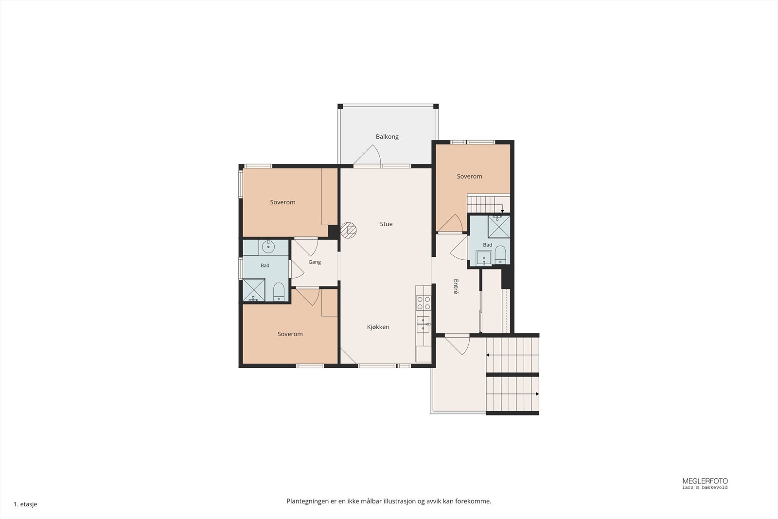 Praktisk og brukervennlig med stue og kjøkken i åpen løsning, tre soverom og to bad. Galleribilde