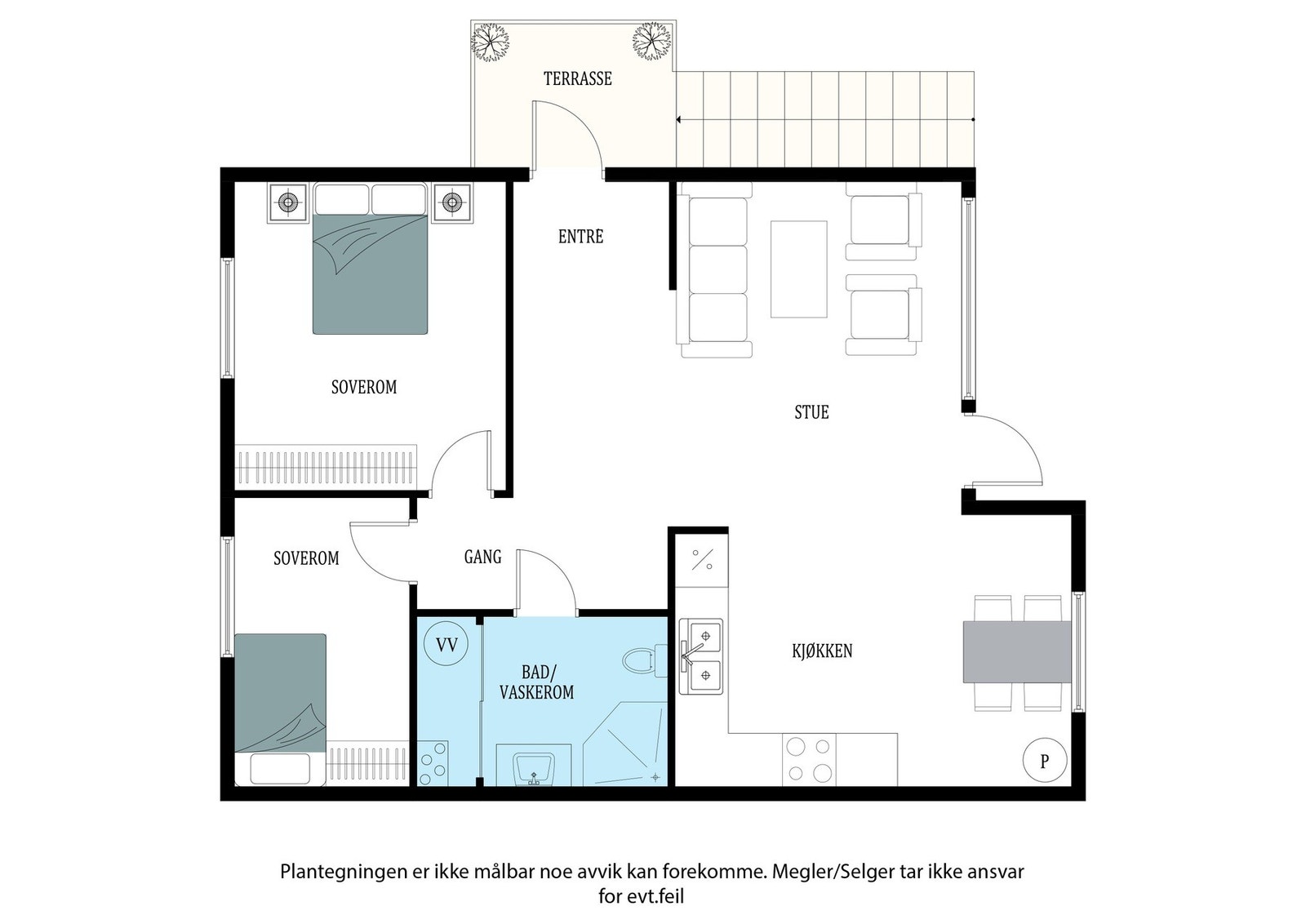Leiligheten har en gjennomtenkt og arealeffektiv planløsning med alle funksjoner samlet på ett plan. Fra entréen kommer du direkte inn i boligens lyse og åpne oppholdsarealer, hvor stue og kjøkken er samlet i en sosial og innbydende løsning. Fra stuen er Galleribilde