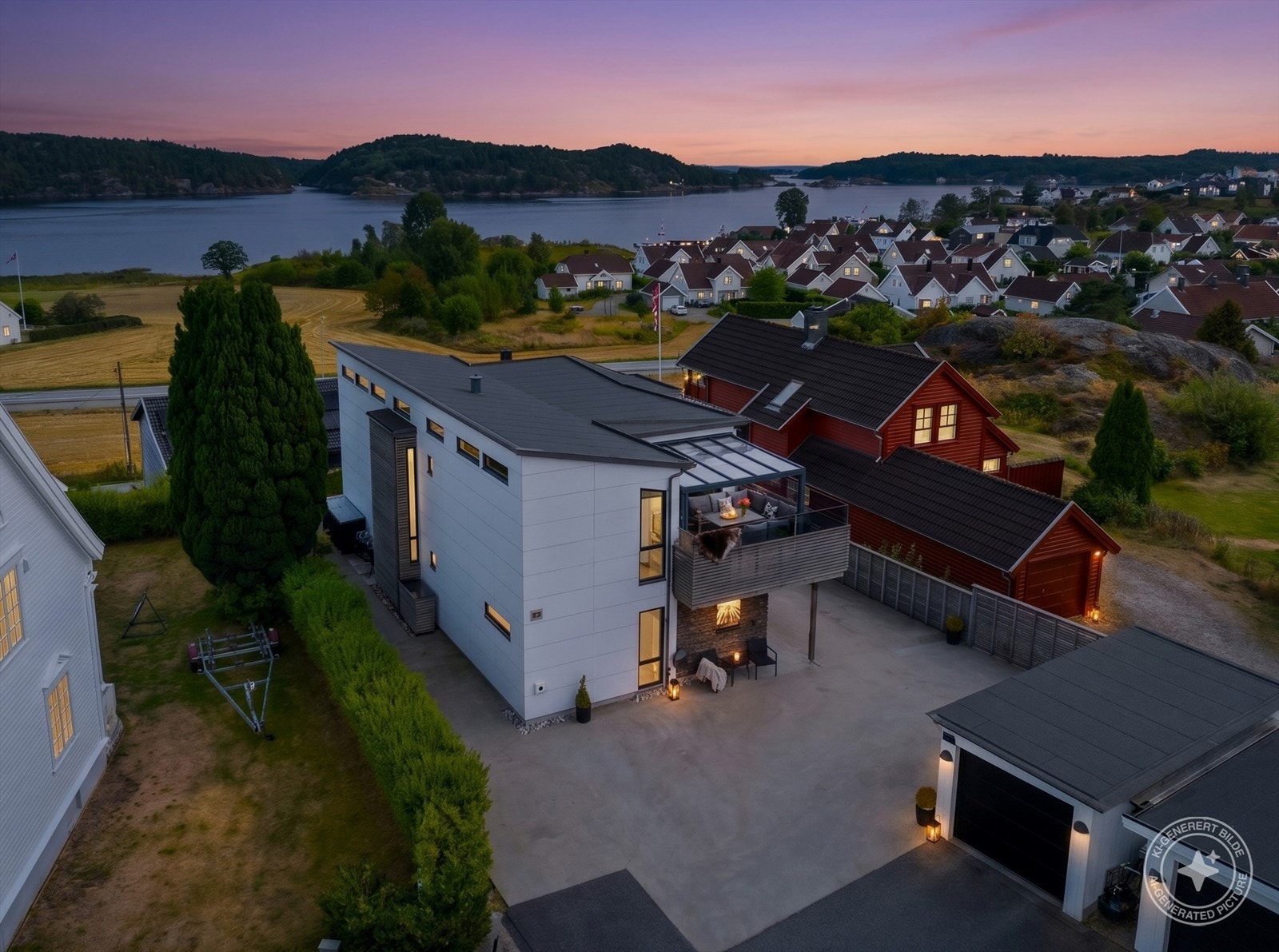 Arkitekttegnet enebolig beliggende innerst i blindvei, i sentrumsnært og rolig område. Fra eiendommen er det fantastisk sjøutsikt og gode solforhold. Kveldsfoto KI redigert Galleribilde