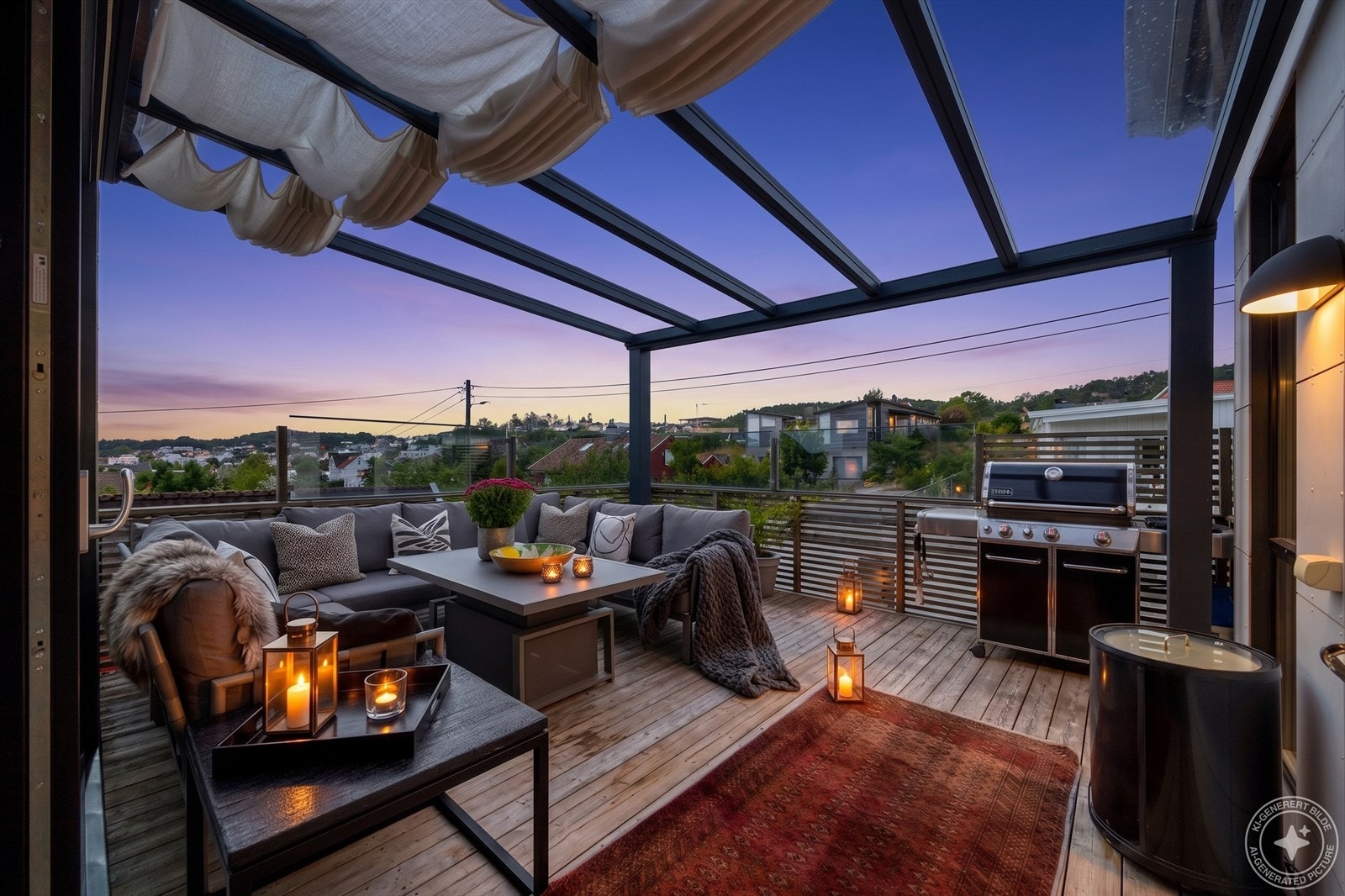 Fra stue er det utgang til veranda med pergola. God plass til sittegruppe, grill m.m. Her kan kveldssol og sene sommerkvelder nytes. Galleribilde