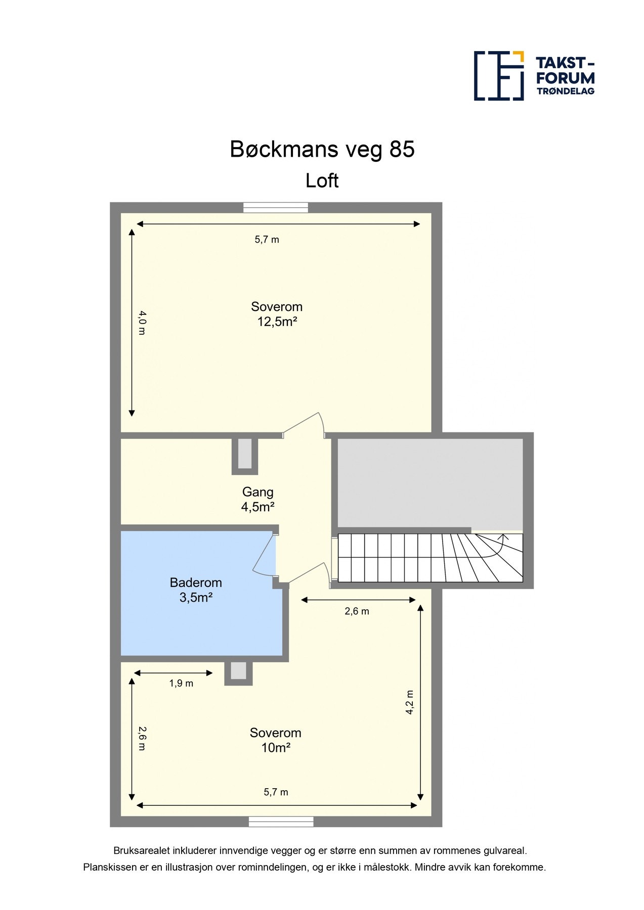 Plantegning - Loft. Rommene på loftet som benyttes som oppholdsrom/våtrom er ikke godkjent for varig opphold. Se mer informasjon i salgsoppgaven. Galleribilde