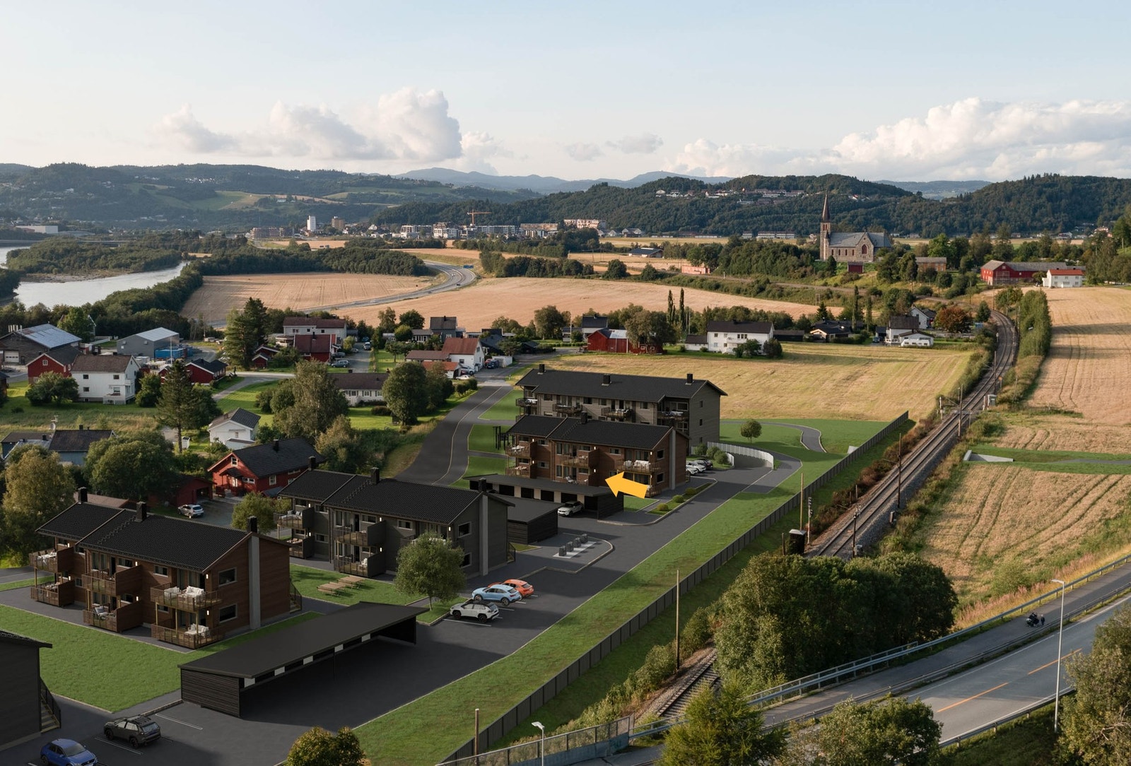 Bildet viser leilighetens plassering i feltet. Her får du en solrik og fredelig beliggenhet med kort vei til Melhus sentrum. Galleribilde