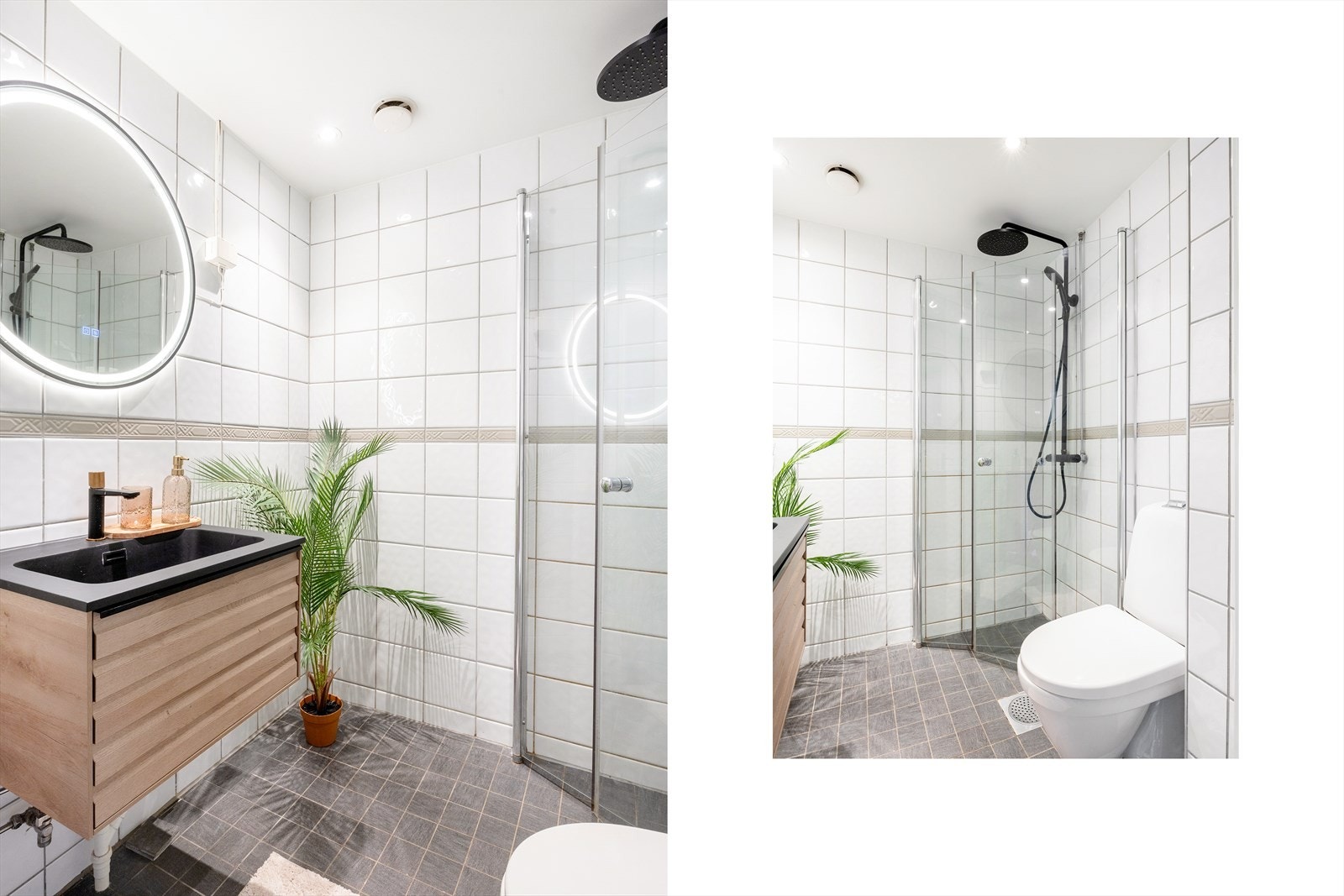 Videre er badet utstyrt med dusjhjørne med innfellbare glassdører, hånd- og regndusj, gulvstående toalett og opplegg for vaskemaskin. Galleribilde