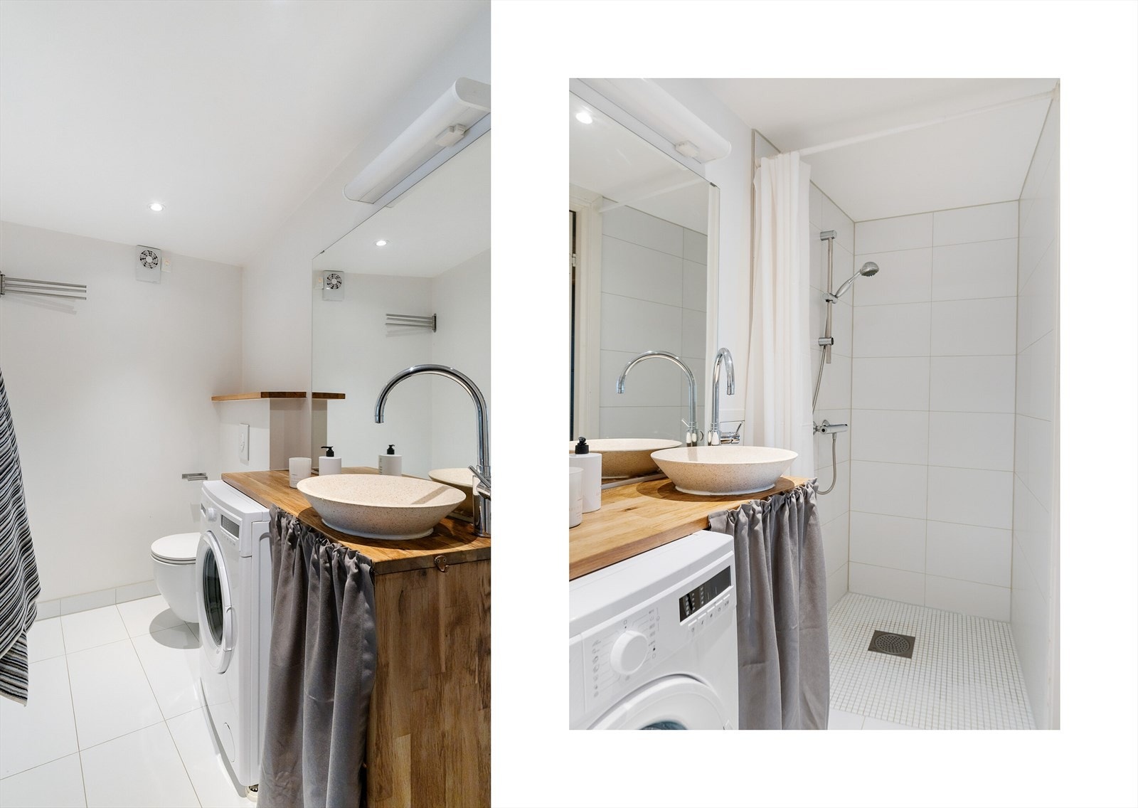 I likhet med hoveddelen ble badet pusset opp i 2015 og inneholder servant, veggmontert toalett, dusj med forheng og opplegg for vaskemaskin. Galleribilde