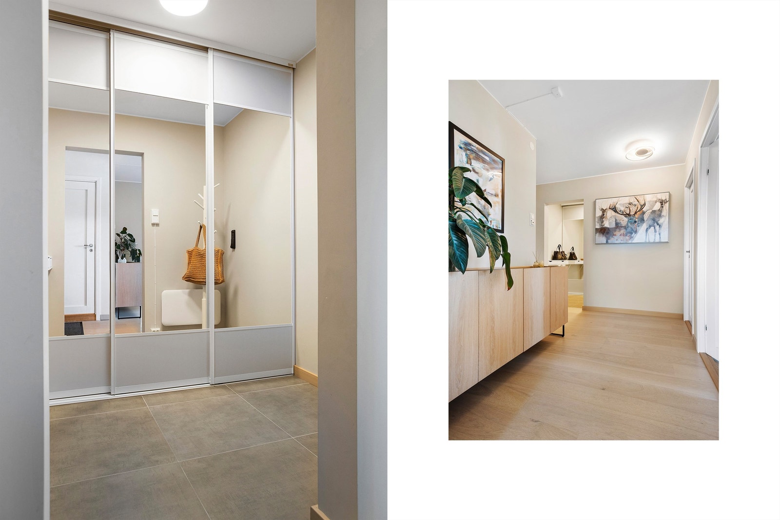 Garderoberom med flislagt gulv og stor skyvedørsgarderobe med speilfronter. Galleribilde