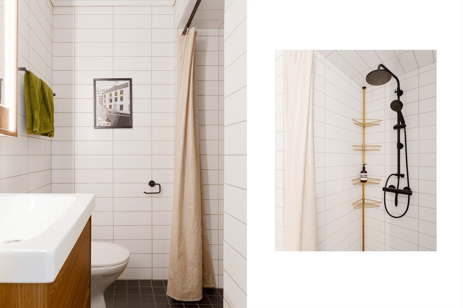 Badet har tidløse fliser i møte med lekre, svarte armaturer og en regndusj som gjør hverdagsmorgenen litt bedre. Galleribilde