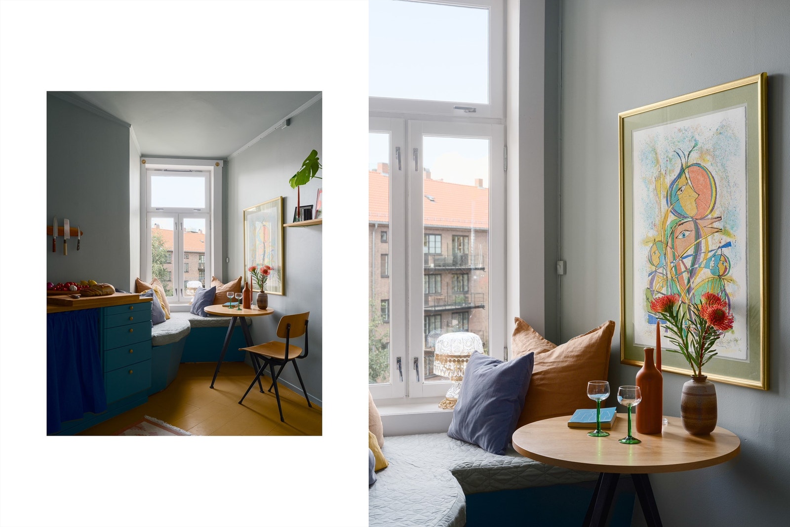 Frokost, middag for to, eller en pust i bakken? Denne superkoselige spiseplassen ved kjøkkenet er rommets hjerte. Galleribilde