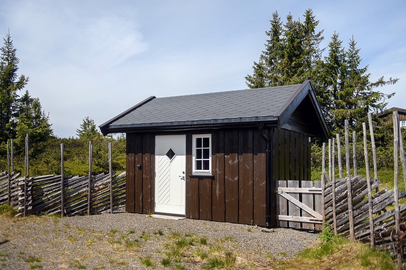 Frittstående uthus i samme stil som hytta. Galleribilde