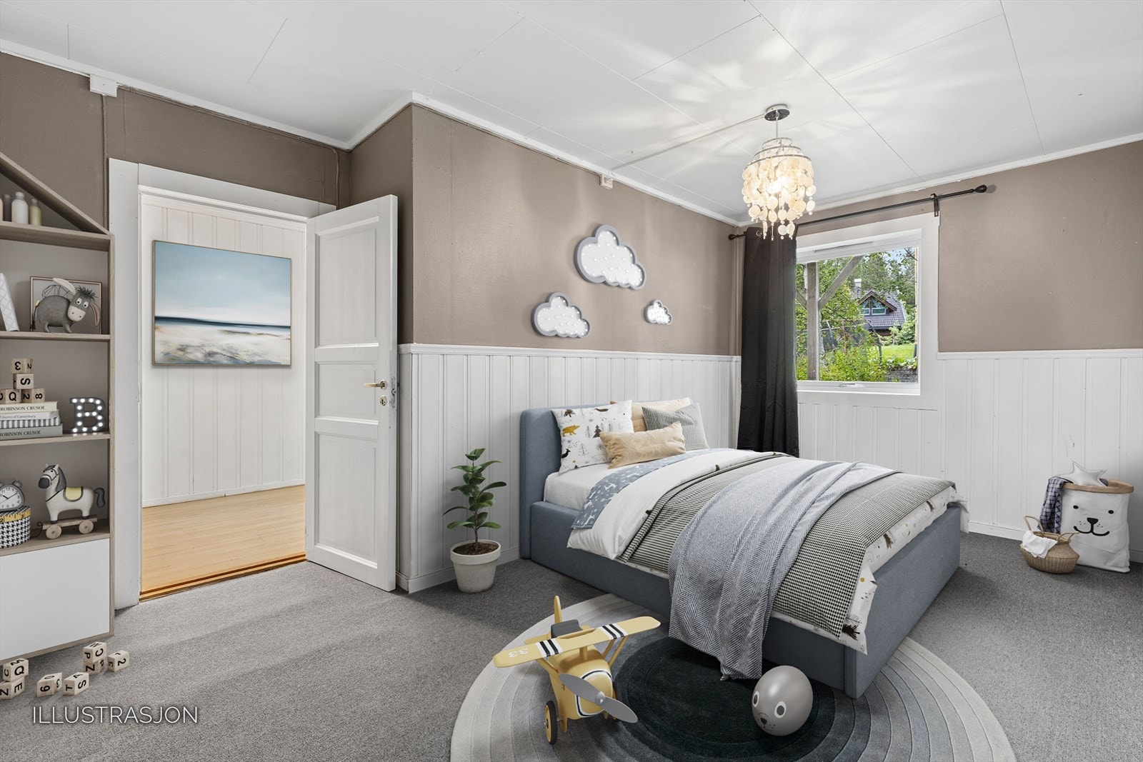 Et perfekt barnerom med plass til både seng og lekeareal. (Illustrasjon) Galleribilde
