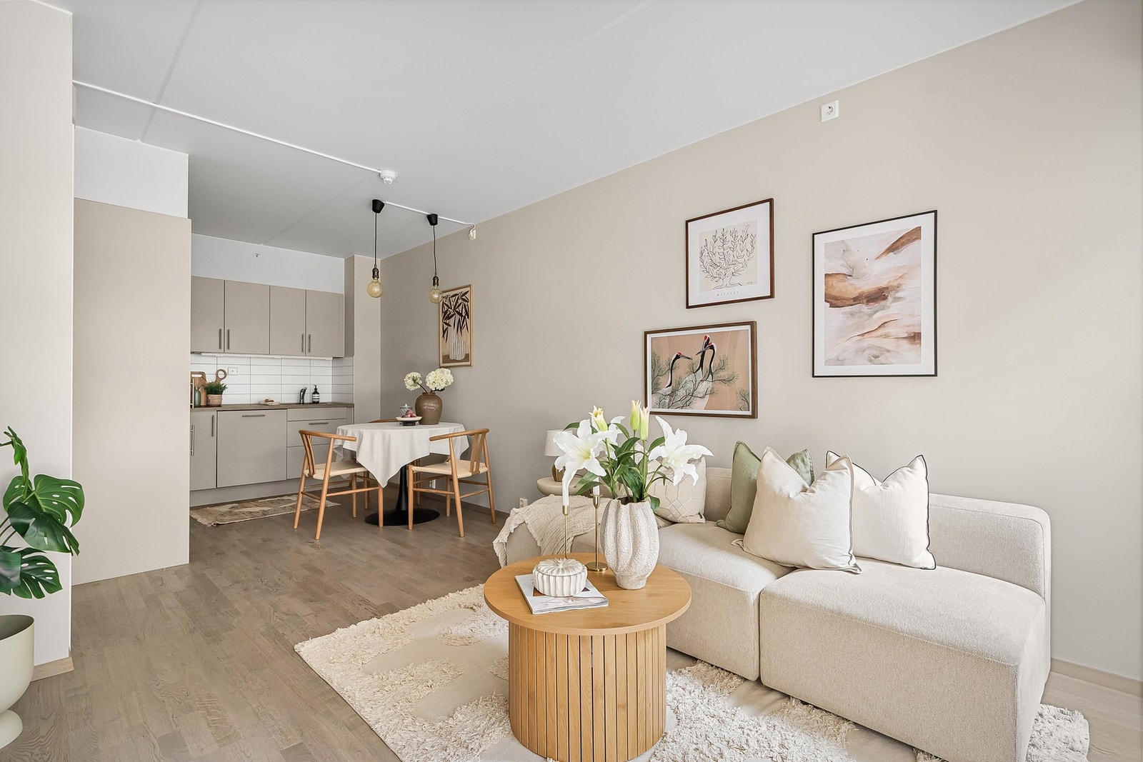 Smart og arealeffektiv planløsning med plass til både sofa og spisebord. Galleribilde