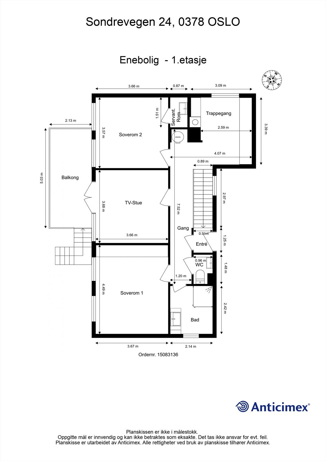 1. etasje inneholder entré, trappegang, gang, TV-stue, to soverom, servantrom, bad og toalettrom. Galleribilde