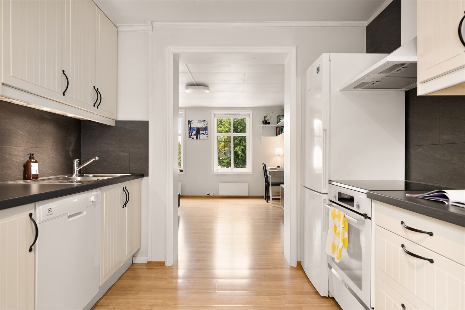 Hvitevarene medfølger og består av frittstående komfyr og kombiskap kjøl/frys, underbygget oppvaskmaskin og ventilator med avtrekk ut. Galleribilde