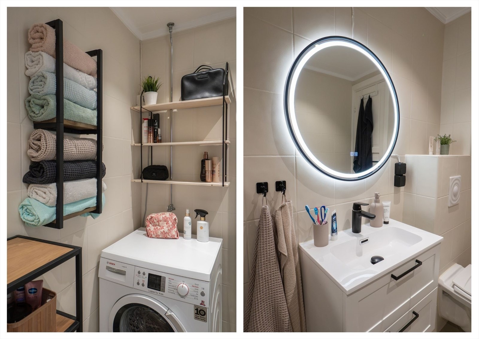 Detaljer fra badet, som inkluderer ny servantinnredning og speil med belysning. Galleribilde