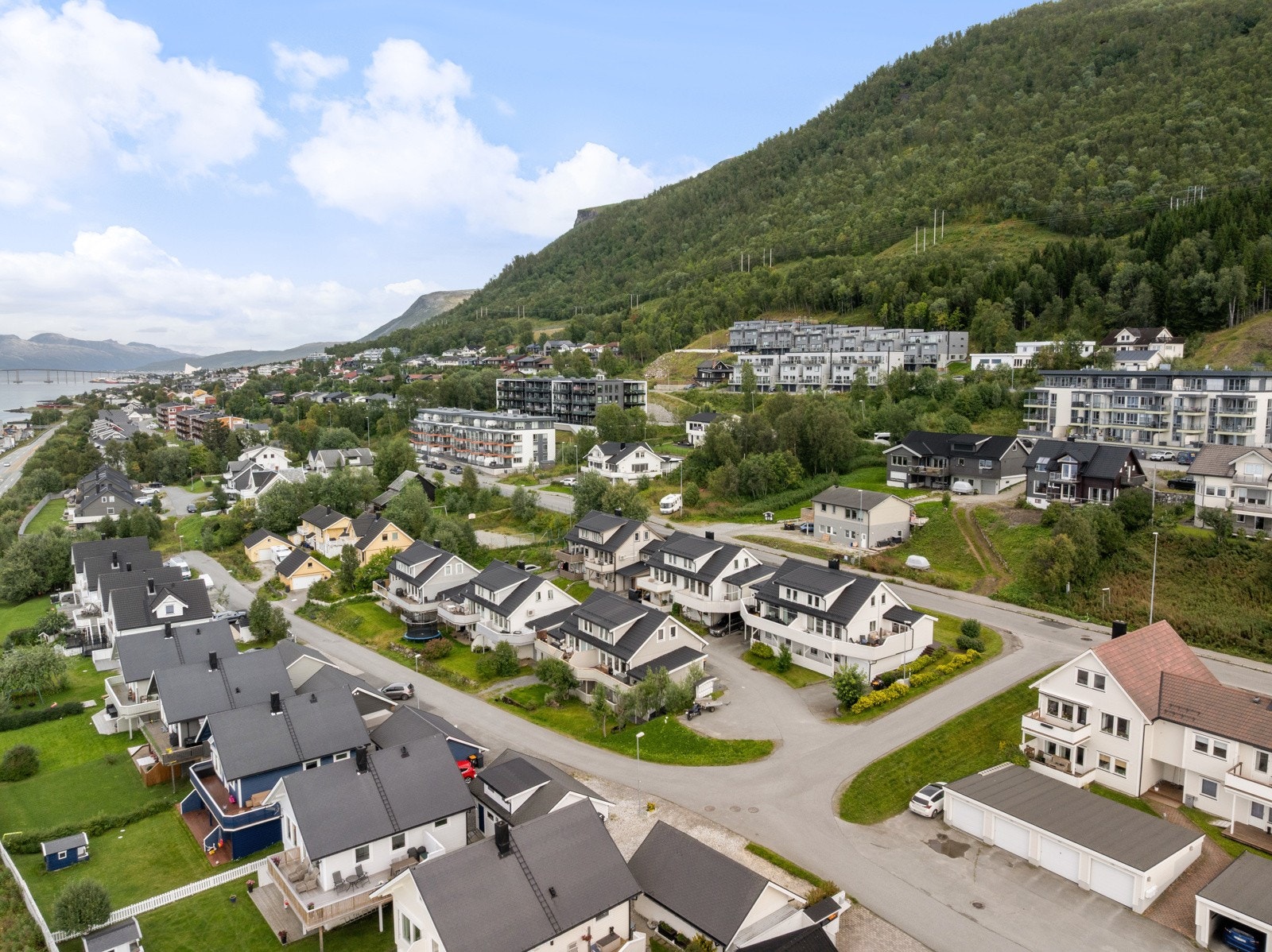 Asfaltert innkjørsel med praktisk parkering i garasje.