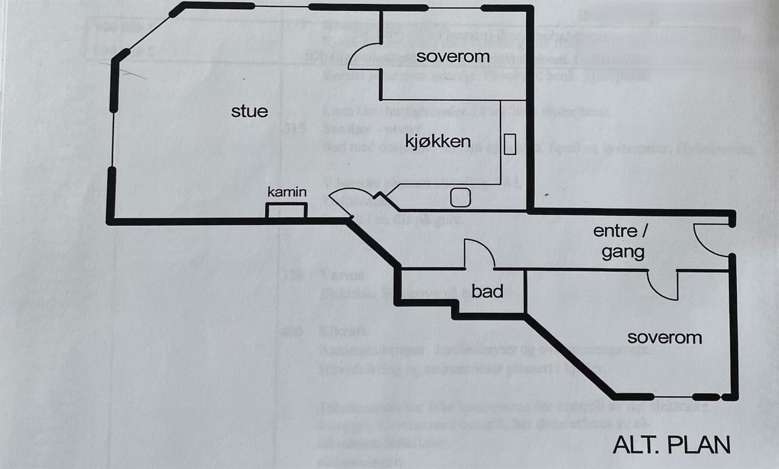 Alternativ plantegning med to soverom og flytting av kjøkken, kun til illustrasjon. Galleribilde