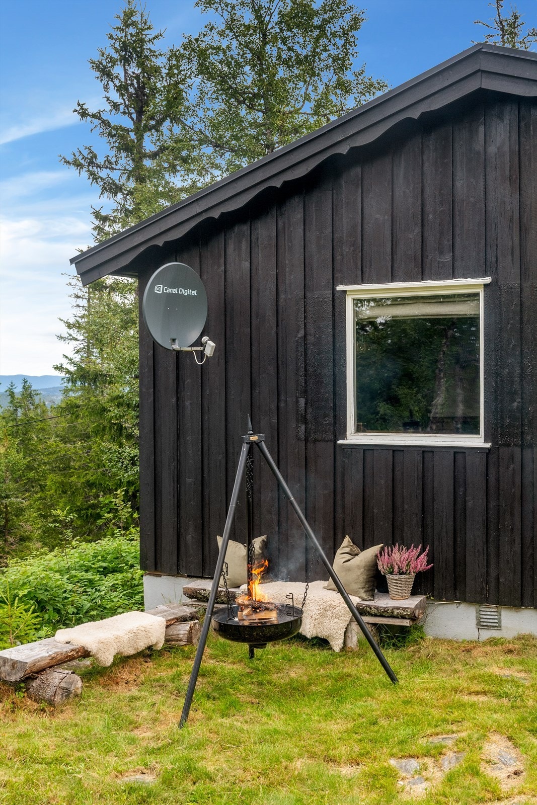 Eiendommen ligger på en relativt skrå tomt, omkranset av natur. Galleribilde