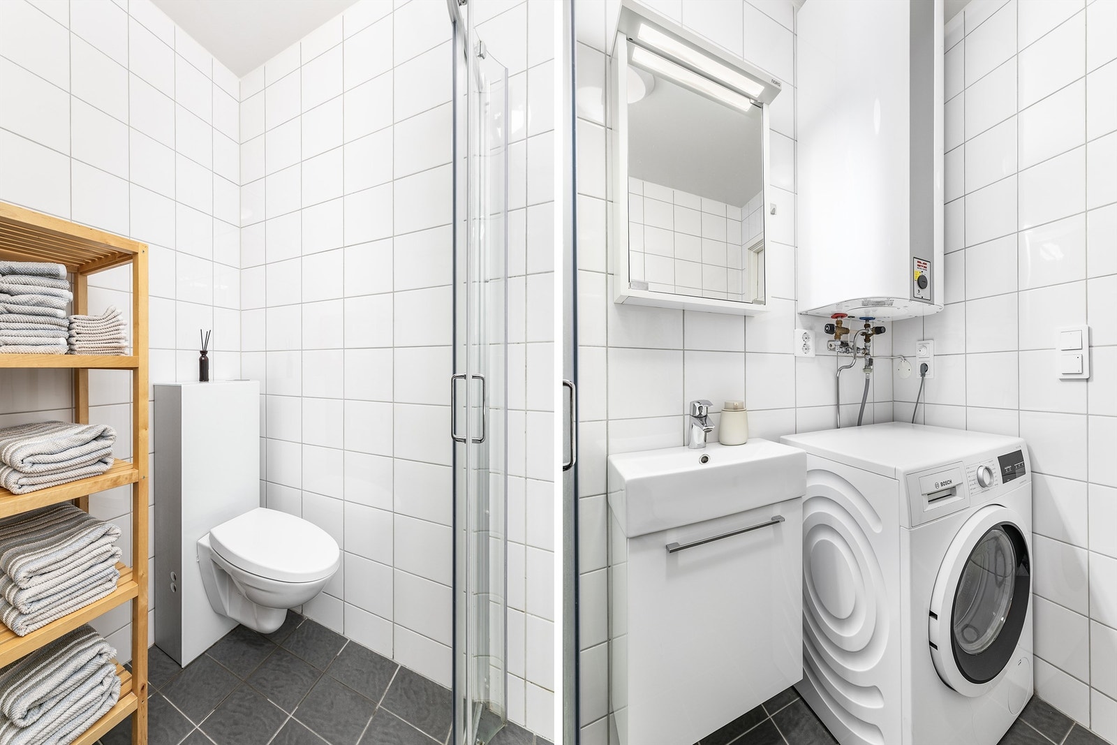 Leilighetens varmtvannsbereder er veggmontert på badet, med avsatt plass til vaskemaskin under. Galleribilde