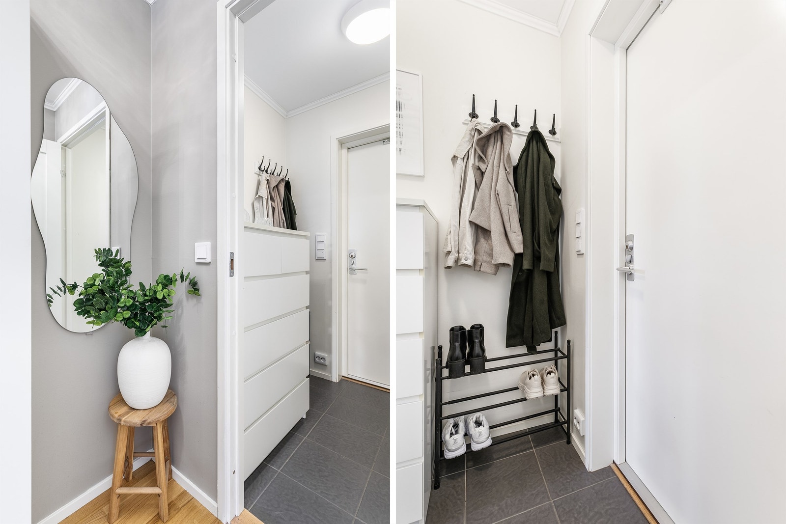Entreens gulv har en robust og praktisk overflate av fliser. I gulvet er det også varme. Galleribilde