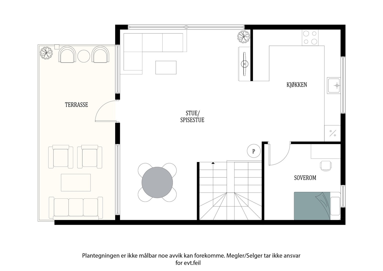 Plantegning av boligens oppholdsplan med stue/spisestue, kjøkken, soverom og utgang til terrasse. Galleribilde