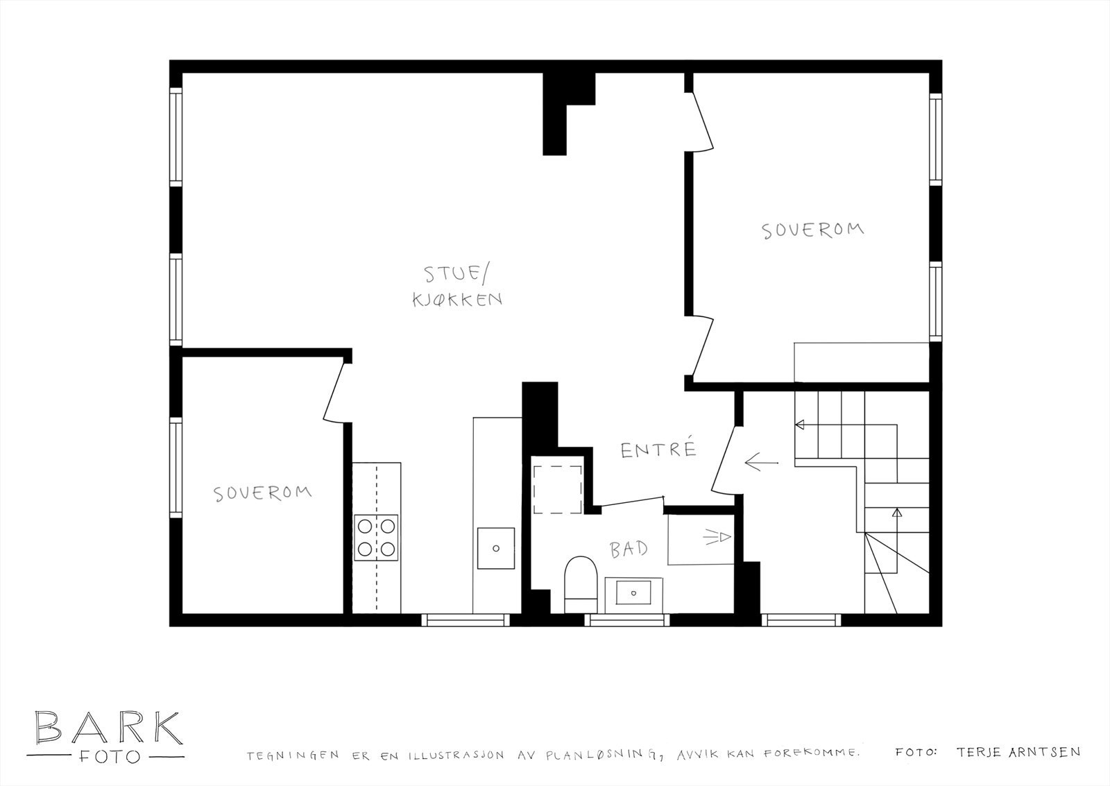 Hovedplan med to stk. soverom, bad og stue/kjøkken. Galleribilde