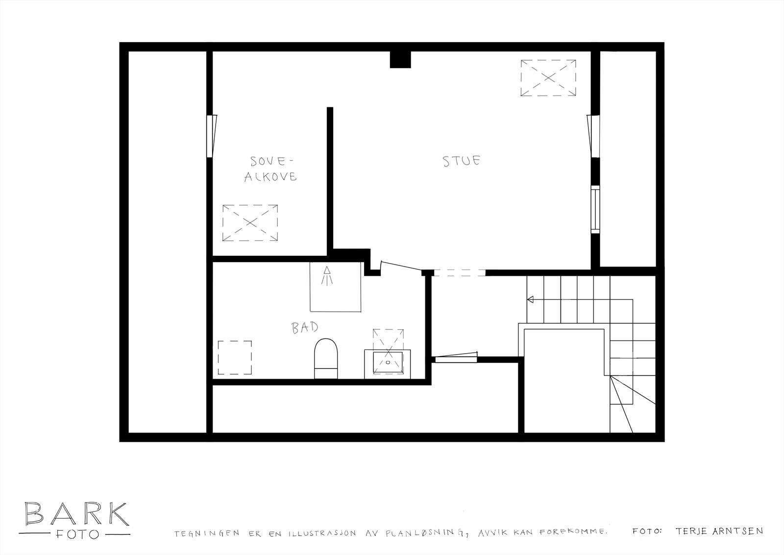 Øvre plan med sovealkove, bad og stue. Galleribilde