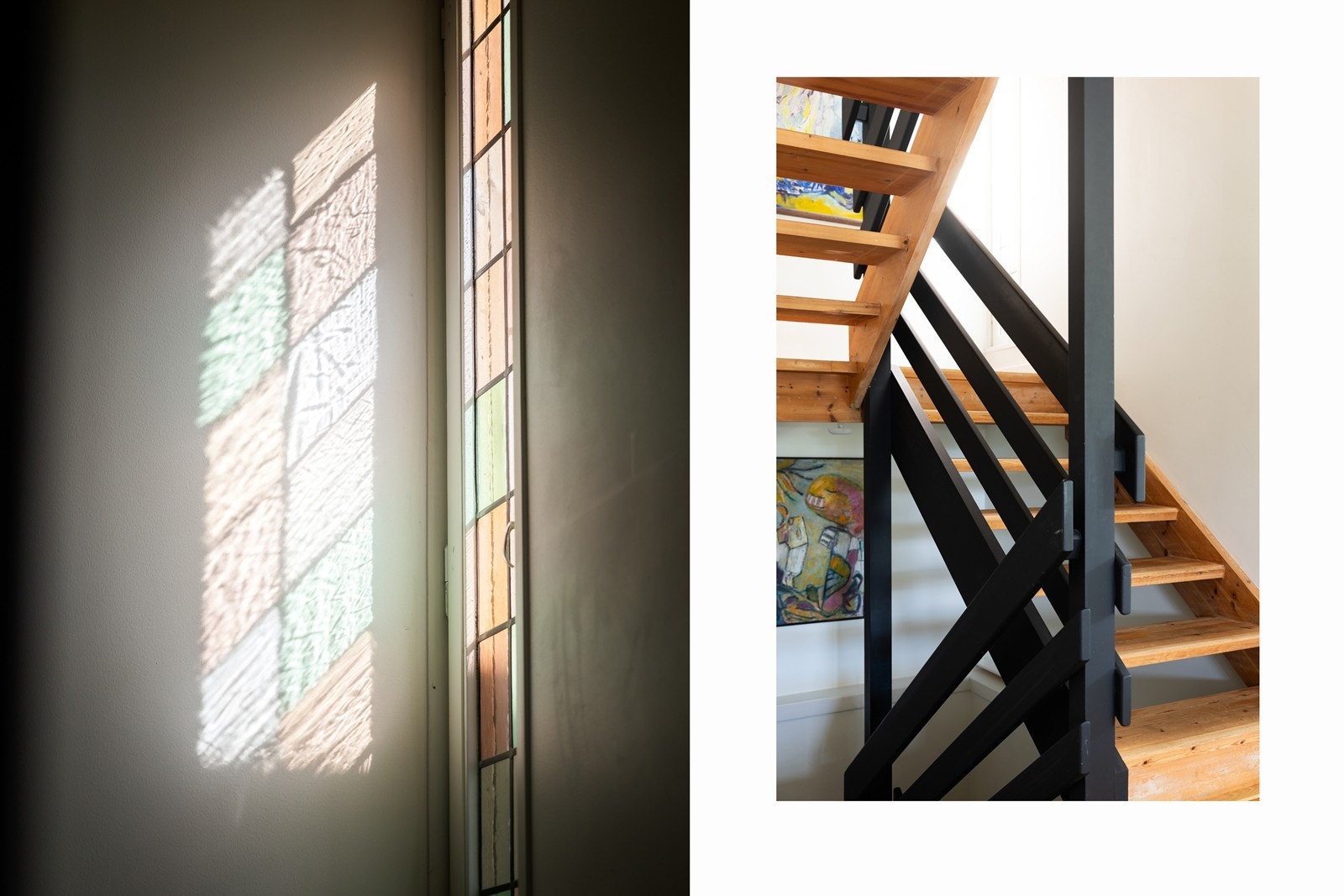 Karakteristiske detaljer som farget glass og en solid tretrapp. Galleribilde